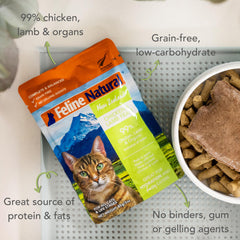 Feline Natural pate pouch back label with ingredients and feeding guidance