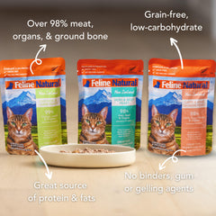 Feline Natural pate pouch open, showcasing ready-to-serve wet cat food.