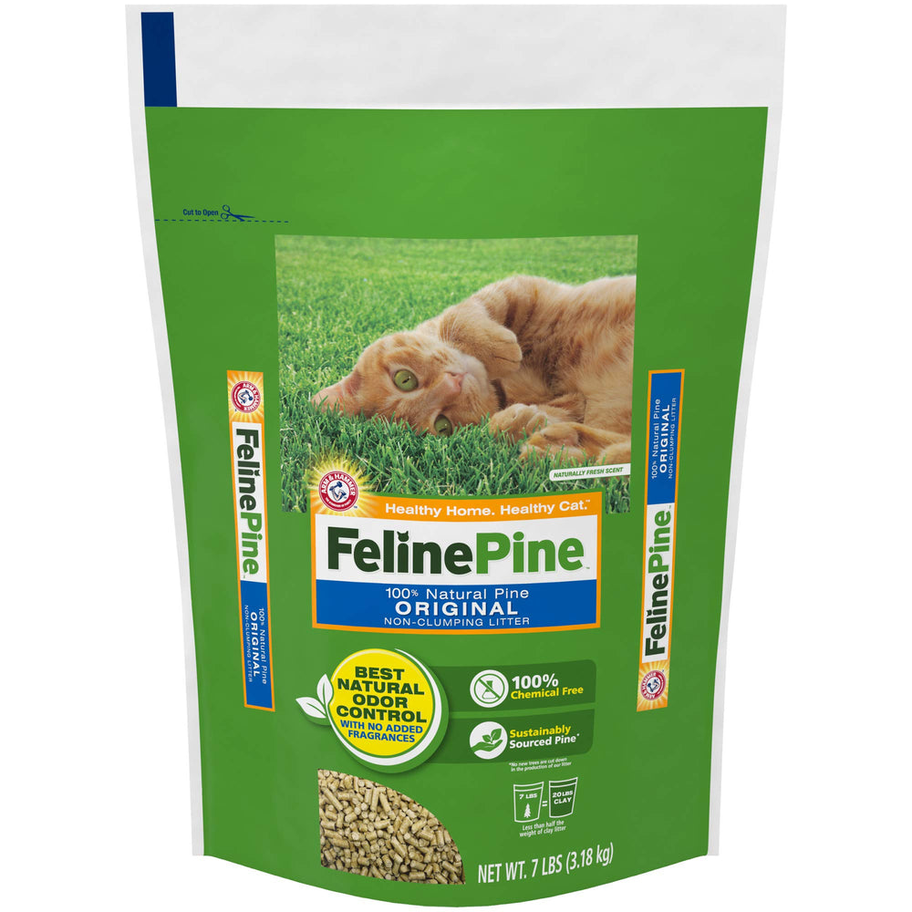 Feline Pine Original 7lb bag showing natural pine litter for odor control.