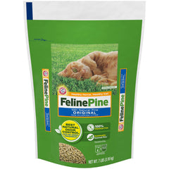 Feline Pine Original 7lb bag showing natural pine litter for odor control.