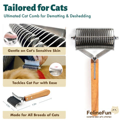 FelineFun cat brush higher-density side desheds fur and detangles undercoat.