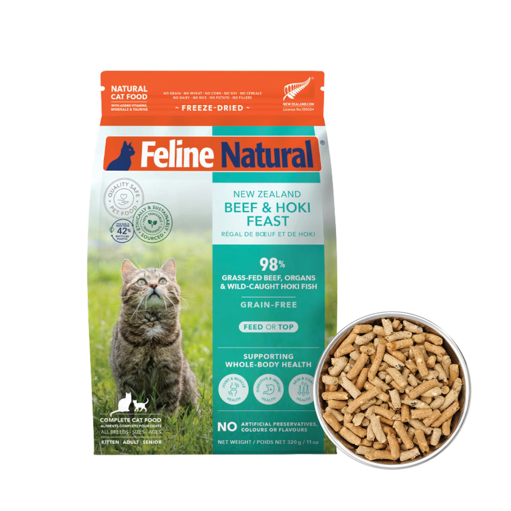 Feline Natural high-protein dry cat food bag shows transparent ingredients.