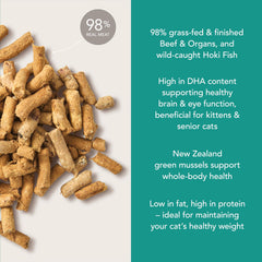 Close-up of transparent ingredients label on Feline Natural packaging.