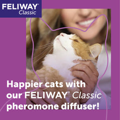 Feliway Classic plug-in diffuser mounted in outlet delivering calming pheromones for cats.