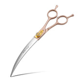 Fenice Peak 45° curved scissors showcase a rose-gold arc for smooth coat shaping.