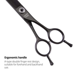 Close-up view highlights sharp, fine-cut blades for delicate fur thinning.