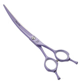 Fenice Peak curved dog grooming scissors with violet coating, close-up for precision cutting.
