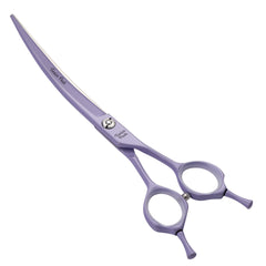 Fenice Peak curved dog grooming scissors with violet coating, close-up for precision cutting.