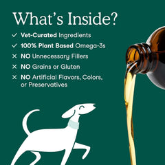 Label close-up on Fera Pets Algae Oil highlighting vegan omega-3 ingredients.