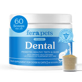 Fera Pets Dental Powder bottle front view for cats and dogs, promotes fresh breath.