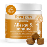 Fera Pets dog allergy soft chews bottle, premium packaging for long-term skin and gut support.