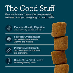Close-up of Fera Pets dog multivitamin chews on wooden surface β tasty daily vitamin bites for dogs