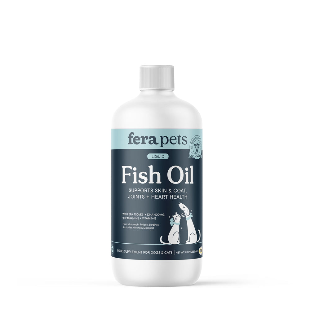 Fera Pets Fish Oil bottle pour showing omega-3 for healthy skin and coat