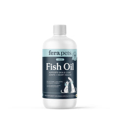 Fera Pets Fish Oil bottle pour showing omega-3 for healthy skin and coat