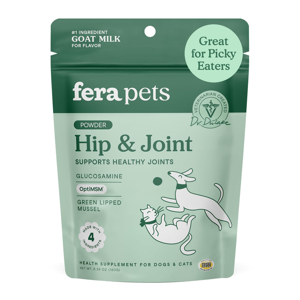 Fera Pets Goat Milk bottle label highlighting glucosamine and green-lipped mussel for joints.