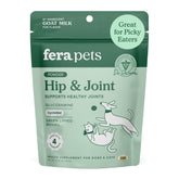 Fera Pets Goat Milk bottle label highlighting glucosamine and green-lipped mussel for joints.
