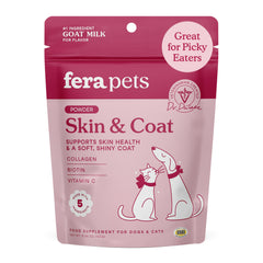 Fera Pets Goat Milk Topper bottle shows premium skin and coat support for cats and dogs.