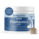 Fera Pets Postbiotics bottle label highlights gut health support for dogs and cats.