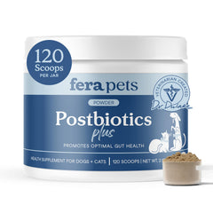 Fera Pets Postbiotics bottle label highlights gut health support for dogs and cats.