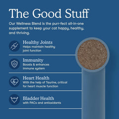 Measuring scoop beside Fera Pets Wellness Blend for easy dosing.