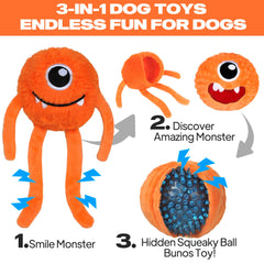 Fida dog toy reveals inner monster for interactive surprise during play.