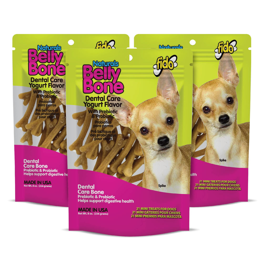 Fido Belly Bones Mini yogurt flavor for tiny dogs boosts dental care.