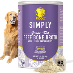 Fido's grass-fed beef bone broth 7oz container pour for easy dog servings.