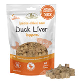 Fieldcrest Farms Duck Liver Toppers packaging highlights a single-ingredient real-meat topper.