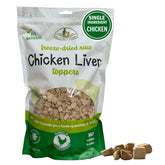 Fieldcrest Farms freeze-dried chicken liver topper in a dog bowl to enhance flavor.