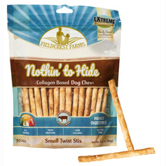 Fieldcrest Farms Nothin' to Hide Twist Stix beef flavor packaging highlights rawhide-free safety for small dogs.