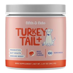 Fifth & Fido Turkey Tail bottle shown for daily immune support.