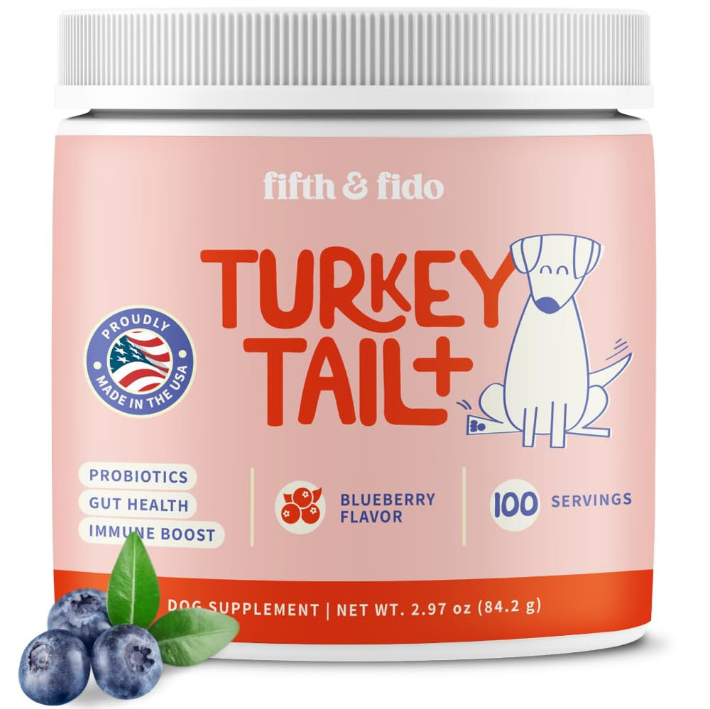 Fifth & Fido turkey tail dog supplement powder supports immune health when mixed into meals.