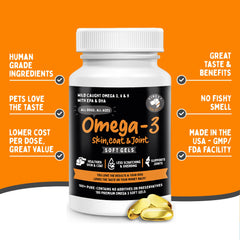 Close-up label of Finest For Pets Omega 3 dog soft gels showing ingredients.