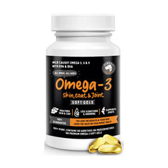 Finest For Pets Omega 3 dog soft gels packaging highlighting EPA and DHA.