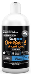 Finest For Pets Omegease bottle close-up showing pure fish oil for joints and coat health.