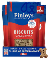 Finley's Crunchy Dog Biscuits packaging highlights peanut butter and pumpkin flavor for dogs.
