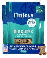 Finley’s packaging for blueberry coconut biscuits shows a wholesome daily reward for dogs.