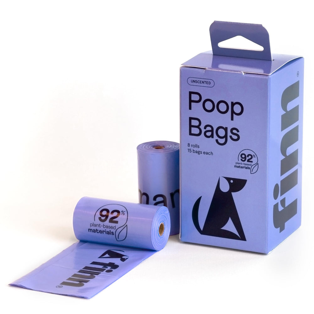 Finn 92% biobased poop bags on a roll for easy, eco-conscious waste disposal.