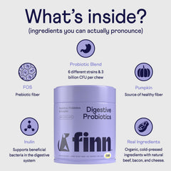 Finn Digestive Probiotics for Dogs pumpkin chunks highlight fiber and gut support