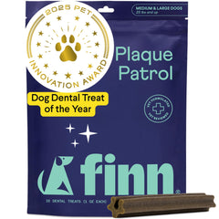 Finn Plaque Patrol dental chews packaging on shelf highlighting triple-action formula