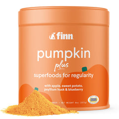 Finn Pumpkin Plus dog topper poured over kibble to boost digestion.