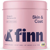 Finn Skin & Coat salmon oil bottle highlighting omega-3 richness for healthy skin