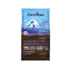 FirstMate chicken meal and blueberries dry cat food bag close-up for sensitive digestion