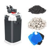 Fishkeeper 390GPH canister filter front view shows compact, quiet design for calm tanks.