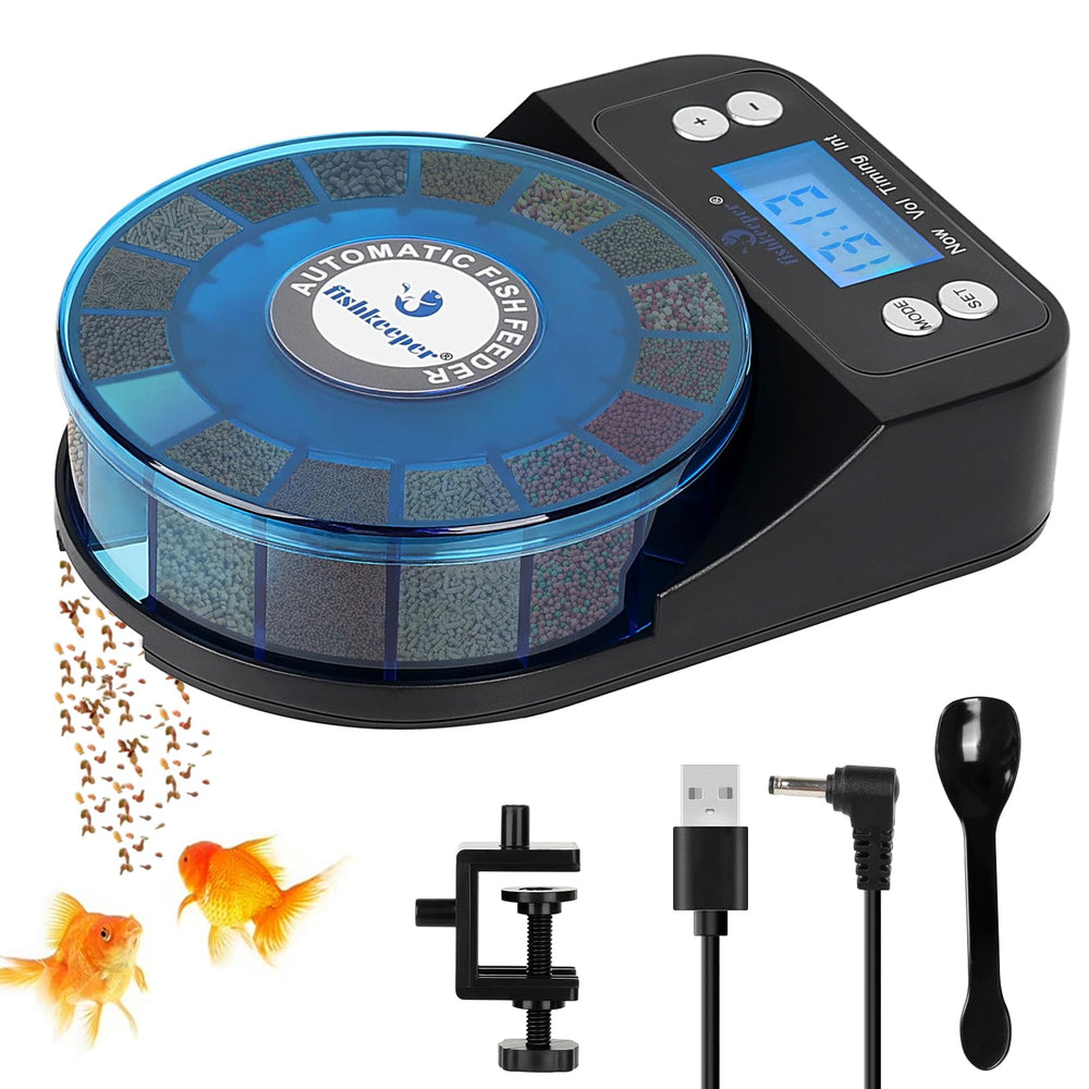 The Fishkeeper automatic feeder front view shows a compact, precise daily feeding solution.