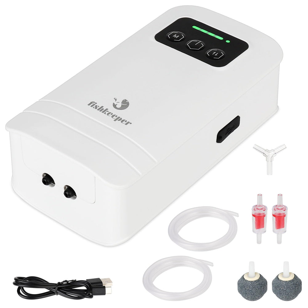 Fishkeeper battery powered aquarium air pump, front view, portable airflow for 10-210 gallon tanks.