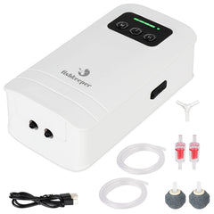 Fishkeeper battery powered aquarium air pump, front view, portable airflow for 10-210 gallon tanks.