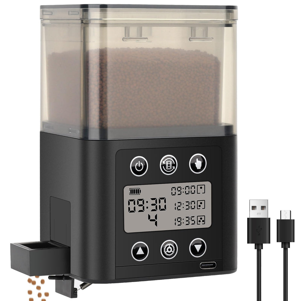 Fishkeeper smart fish feeder LCD display enables precise feeding schedules for your aquarium.
