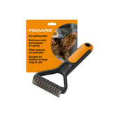 Fiskars Pet Dematting Rake front view with wide-spaced teeth for gentle detangling.