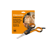Fiskars pet grooming scissors with rounded tips for safe trimming around eyes and paws.